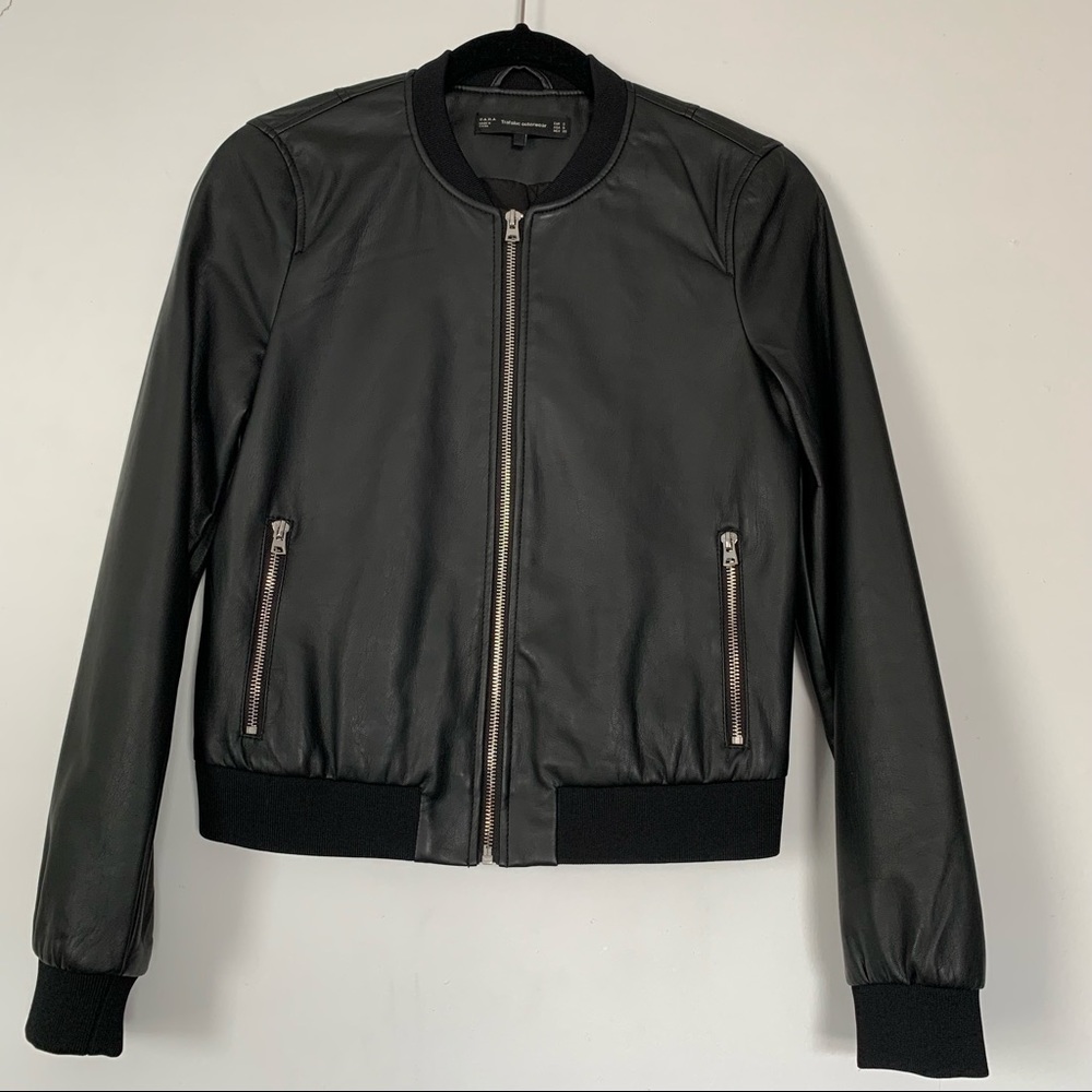 ZARA Black Faux Leather Full Zip Bomber Jacket